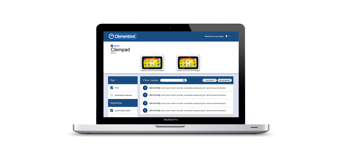 Assistenza Clementoni is a web application that allows clients who have purchased Clementoni tablets to send requests about their products directly to the company, creating a queue of tickets or trough a chat system.